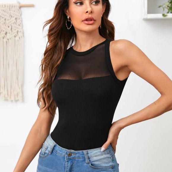 SHEIN Tops - NWOT SHEIN Sheer Mesh Yoke Rib-knit Bodysuit